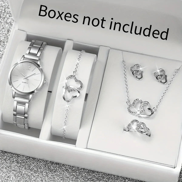 6pcs/set Women's Watch Casual Fashion Quartz Watch & Heart Rhinestone Jewelry Set, Valentines Gift For Her