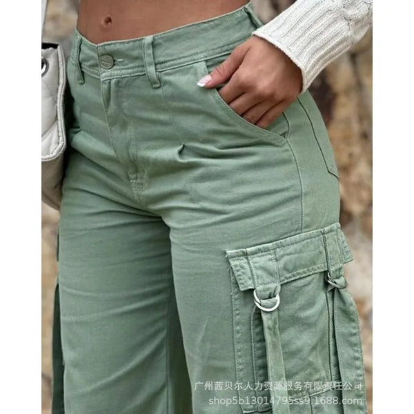 Wepbel Pocket Straight-Leg Overalls Pants 20224 Fashion Overalls Women Trousers Army Green Casual Patch Solid Color Cargo Pants