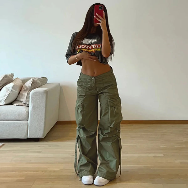 Rockmore Cargos Style Parachute Pants Low Waist Women Joggers Harajuku Pockets Baggy Wide Leg Trousers y2k Streetwear Casual